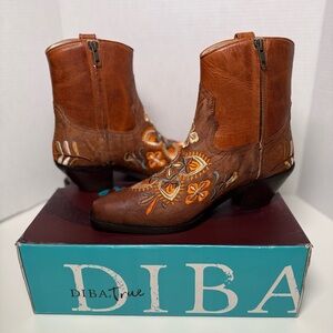 Diba True Cains Ville Brown Leather Embroidered Women's Western Boots Size 8M